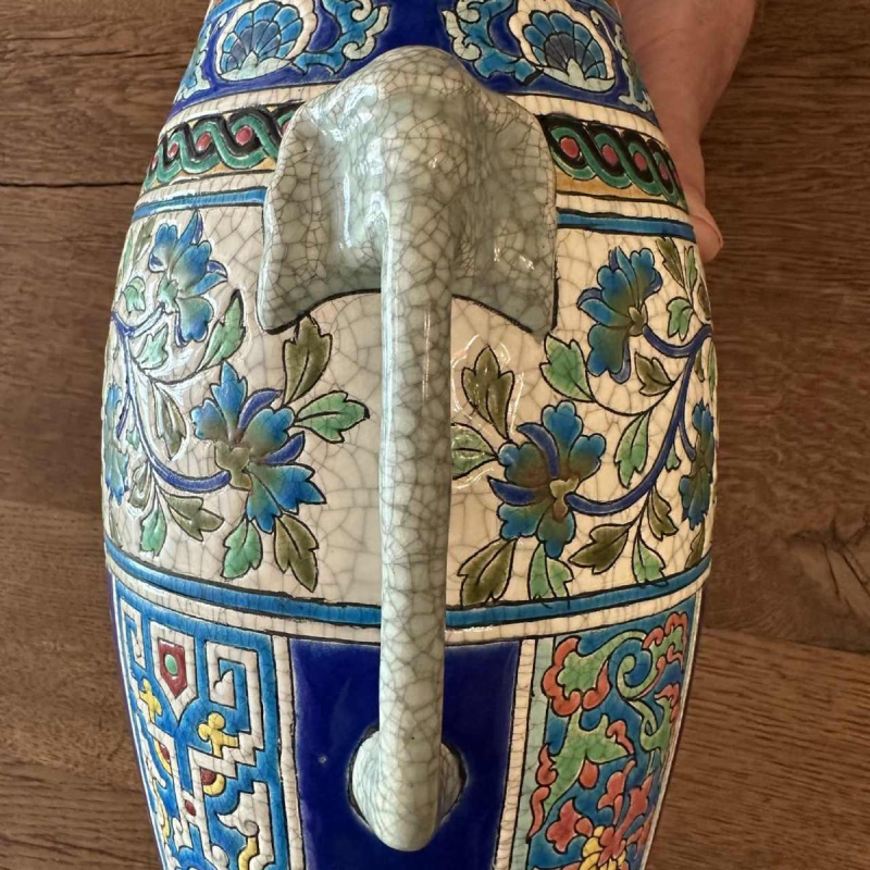 Emaux de Longwy, pair of Art Deco vases, elephant head handles, cloisonné enamels, ca 1920