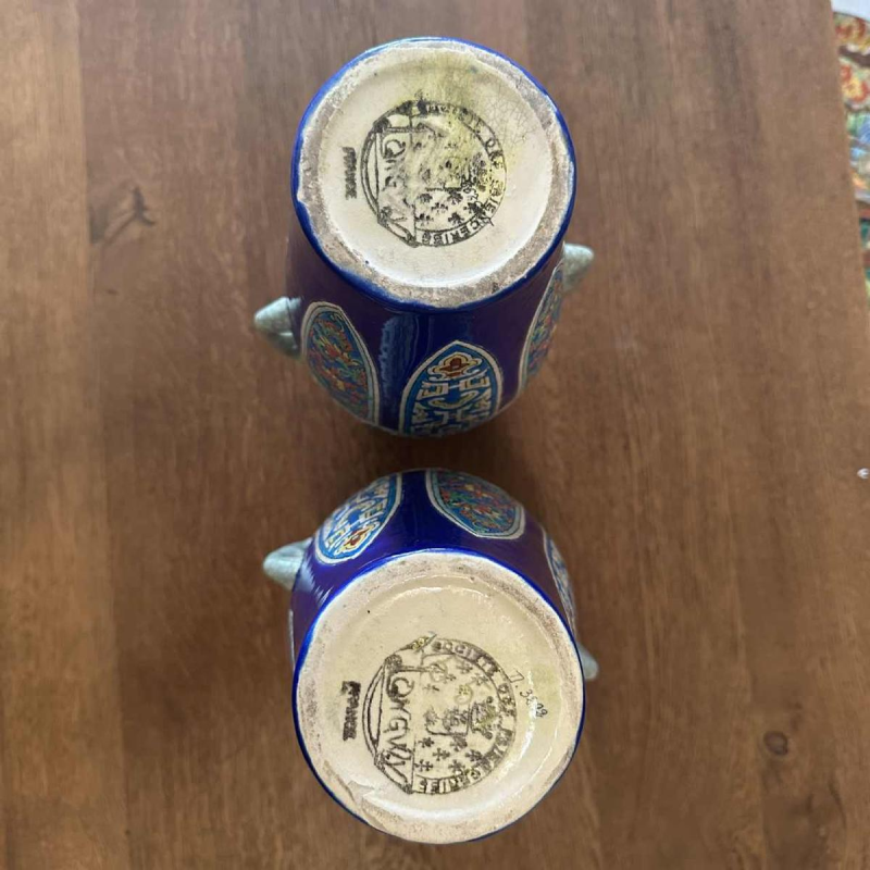 Emaux de Longwy, pair of Art Deco vases, elephant head handles, cloisonné enamels, ca 1920