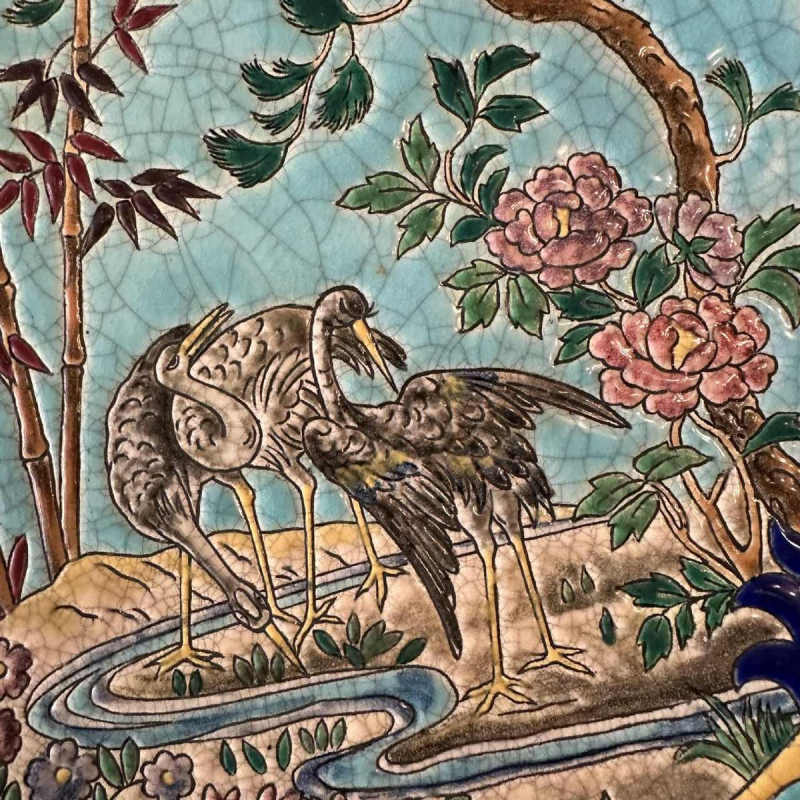 Emaux de Longwy fazanten en steltlopers set van 2 Art Deco schotels, cloisonné email, ca 1920