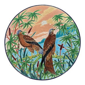 Emaux de Longwy Marécages dish with circled enamels representing 2 marsh eagles