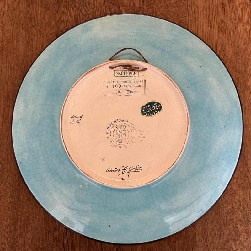 Emaux de Longwy Marécages dish with circled enamels representing 2 marsh eagles