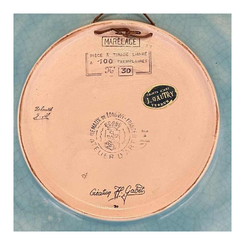 Emaux de Longwy "Marécages" plat aux emaux cernés représentant 2 aigles des marais