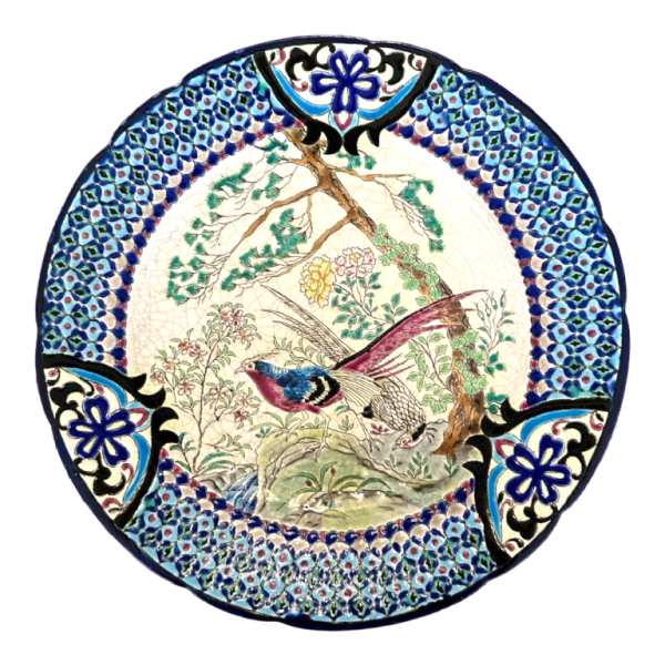 Emaux de Longwy, plat représentant un couple de faisans dans la nature, émaux cernés cloisonnés