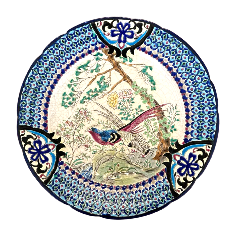 Emaux de Longwy, schaal met voorstelling van een fazantenpaar in het wild, cloisonné email randen