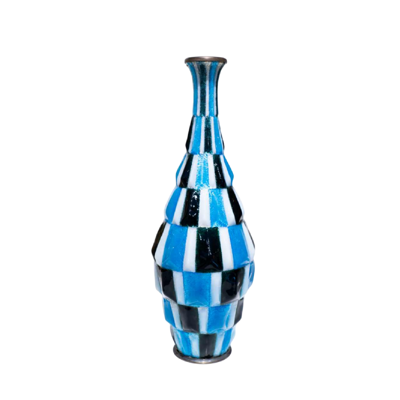 Camille Fauré (Limoges), Art Deco vaas met dambord-emaildecoratie, koper en zilverwerk, ca. 1920