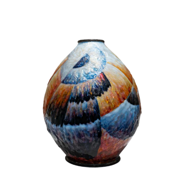Camille Fauré (Limoges, émailleur Lucie Dadat), vase Art Déco en cuivre argenté émaillé, forme "Marcel", ca 1920