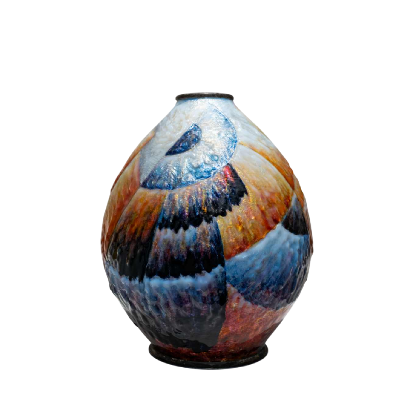 Camille Fauré (Limoges, émailleur Lucie Dadat), vase Art Déco en cuivre argenté émaillé, forme "Marcel", ca 1920