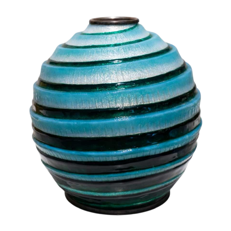 Camille Fauré (Limoges), vase Art Déco émaillé bleu / vert, dinanderie cuivre et argent, ca 1920