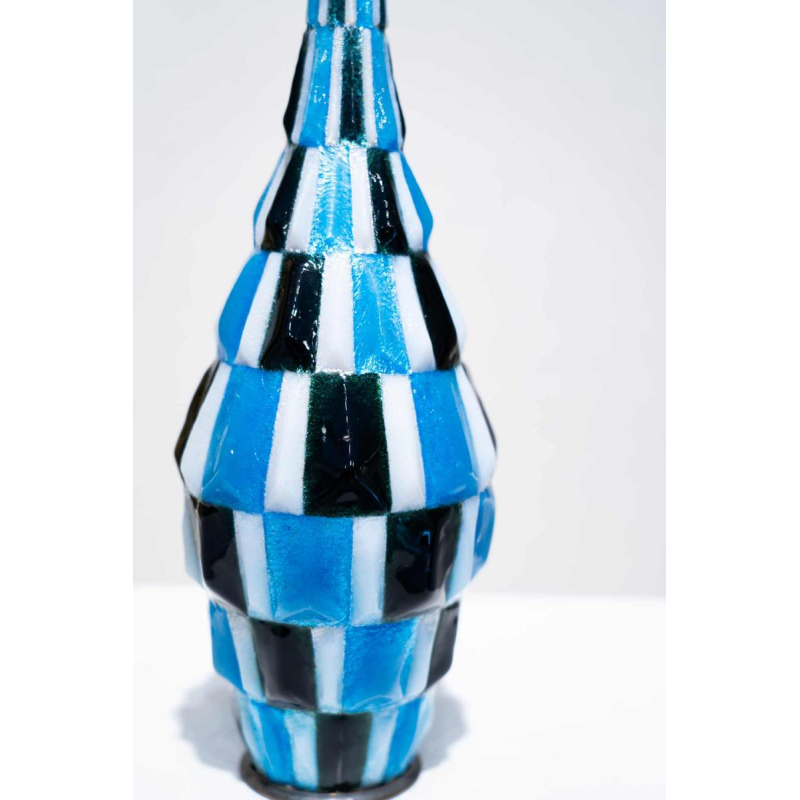 Camille Fauré (Limoges), Art Deco vase with checkerboard enamel decoration, copper and silverware, ca 1920