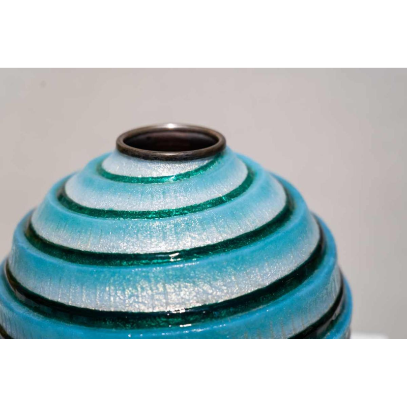Camille Fauré (Limoges), blue/green enamelled Art Deco vase, copper and silverware, ca 1920