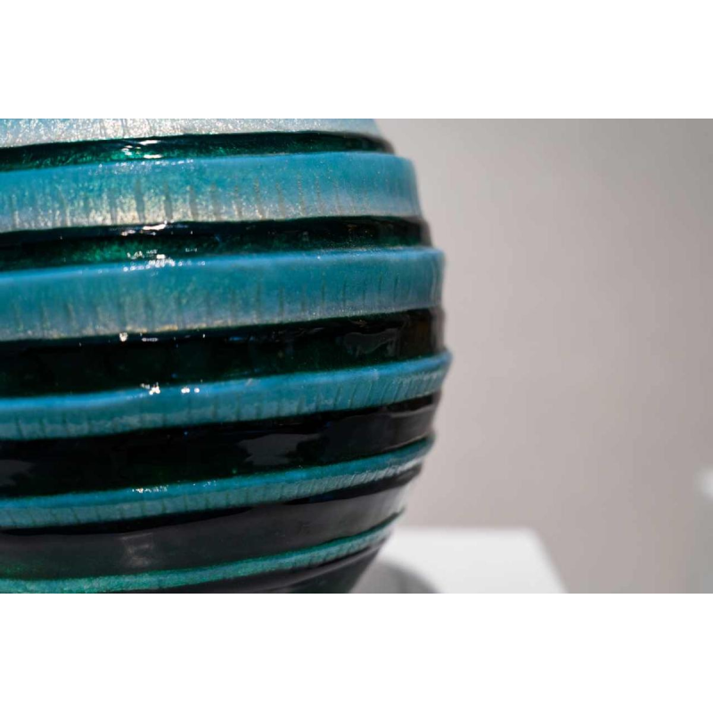 Camille Fauré (Limoges), vase Art Déco émaillé bleu / vert, dinanderie cuivre et argent, ca 1920