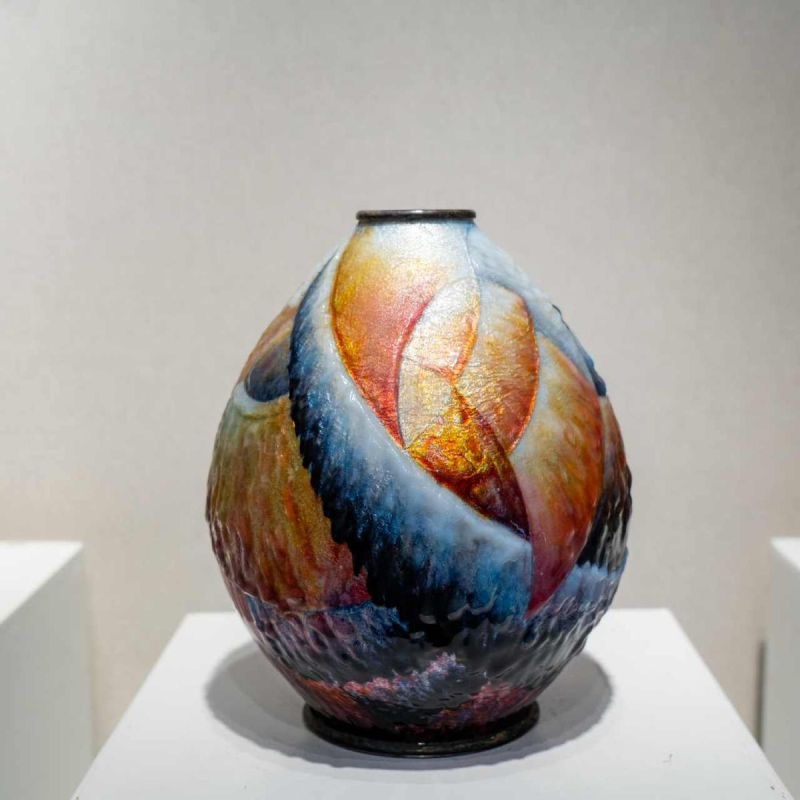 Camille Fauré (Limoges, enameller Lucie Dadat), Art Deco vase in silver-plated enamelled copper, "Marcel" shape, ca 1920