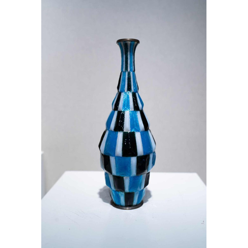 Camille Fauré (Limoges), Art Deco vase with checkerboard enamel decoration, copper and silverware, ca 1920