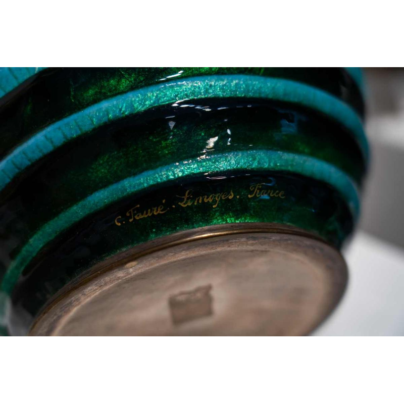 Camille Fauré (Limoges), vase Art Déco émaillé bleu / vert, dinanderie cuivre et argent, ca 1920