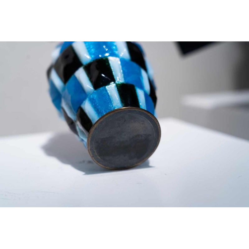 Camille Fauré (Limoges), Art Deco vase with checkerboard enamel decoration, copper and silverware, ca 1920