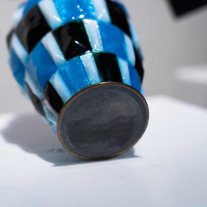 Camille Fauré (Limoges), Art Deco vase with checkerboard enamel decoration, copper and silverware, ca 1920