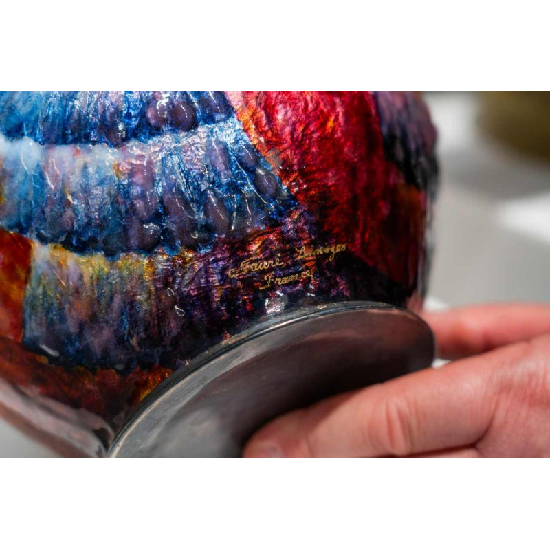 Camille Fauré (Limoges, émailleur Lucie Dadat), vase Art Déco en cuivre argenté émaillé, forme "Marcel", ca 1920