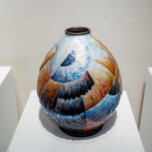 Camille Fauré (Limoges, enameller Lucie Dadat), Art Deco vase in silver-plated enamelled copper, "Marcel" shape, ca 1920