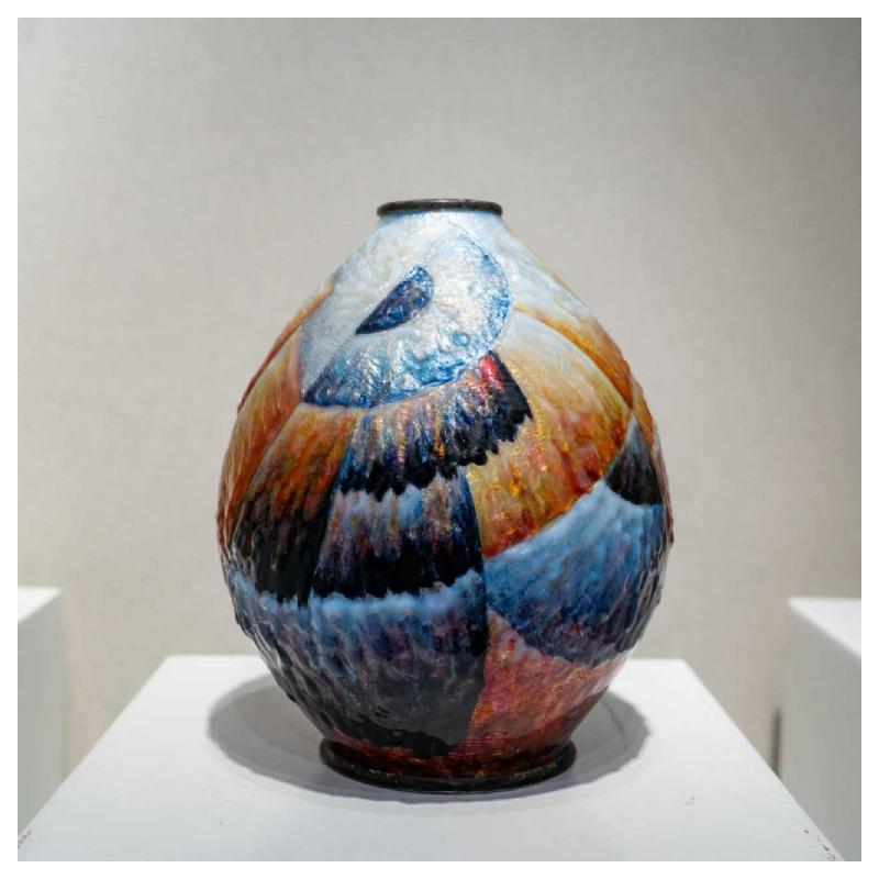 Camille Fauré (Limoges, enameller Lucie Dadat), Art Deco vase in silver-plated enamelled copper, "Marcel" shape, ca 1920