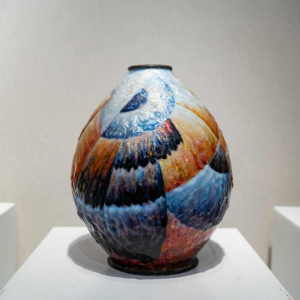 Camille Fauré (Limoges, enameller Lucie Dadat), Art Deco vase in silver-plated enamelled copper, "Marcel" shape, ca 1920