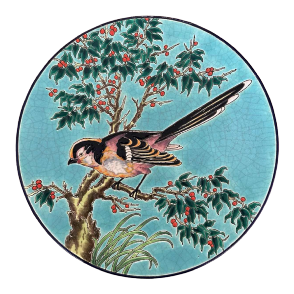 Emaux de Longwy "mésange à longue queue" plat émaux cernés cloisonnés