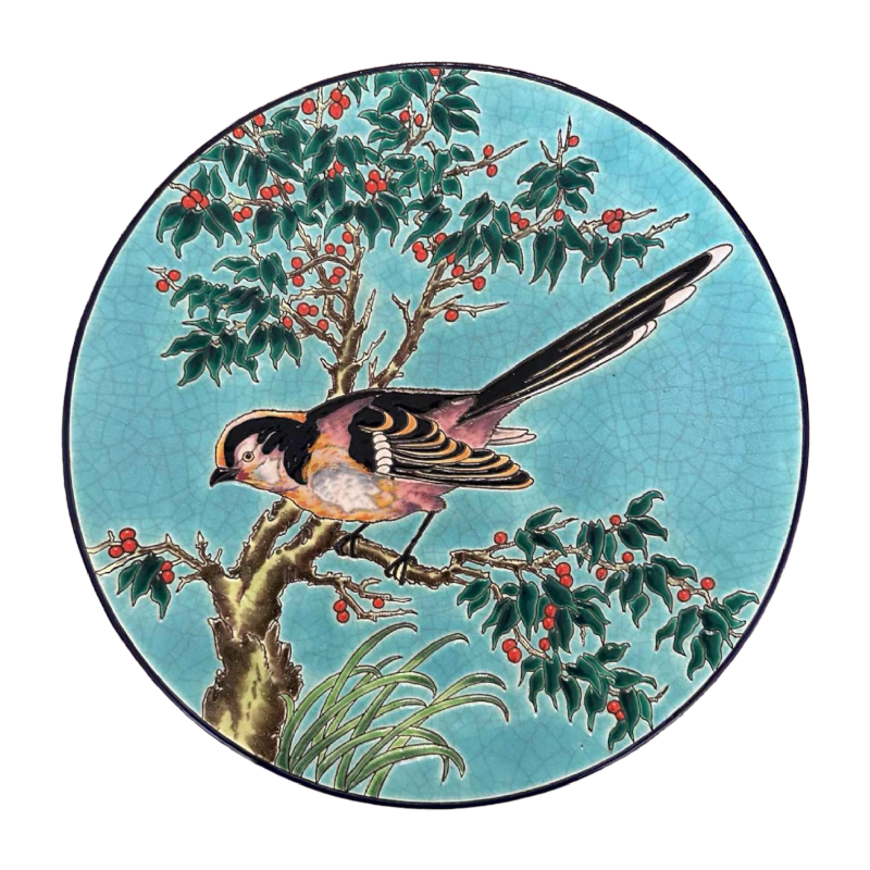 Emaux de Longwy "mésange à longue queue" plat émaux cernés cloisonnés