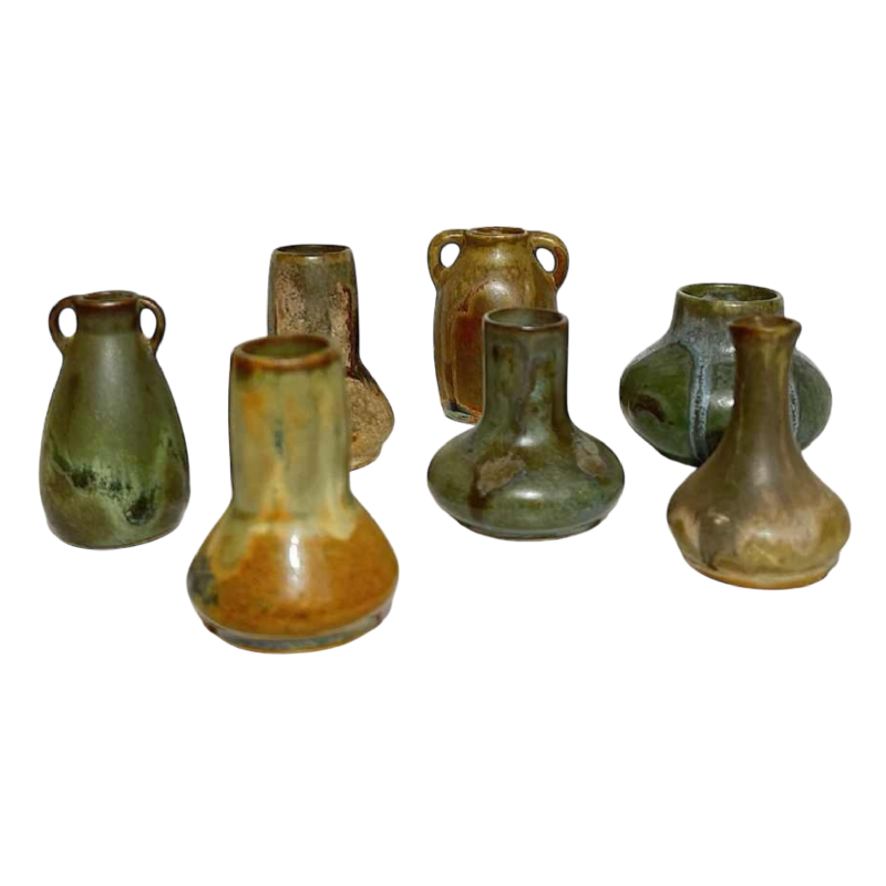 Denbac & Charles Greber, set van 7 miniatuurvazen van steengoed, Frankrijk begin 20e eeuw