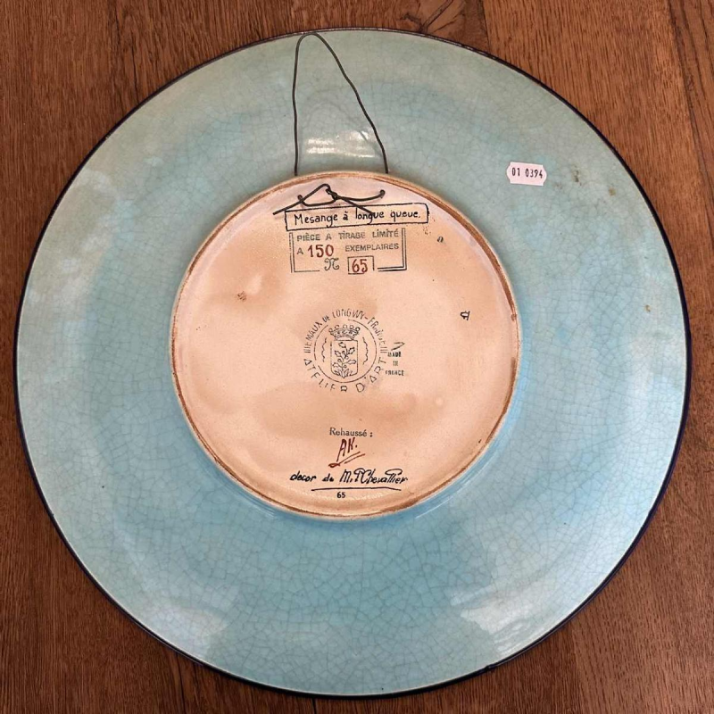 Emaux de Longwy "mésange à longue queue" plat émaux cernés cloisonnés