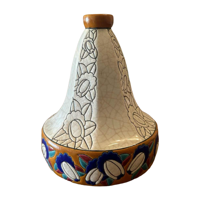 Emaux de Longwy, vase "toupie" Art Déco aux lignes pures, belle frise, émaux cernés cloisonnés