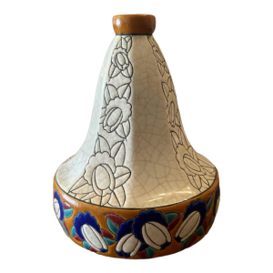 Emaux de Longwy, Art Deco toupie vaas met zuivere lijnen, mooi fries, cloisonné email