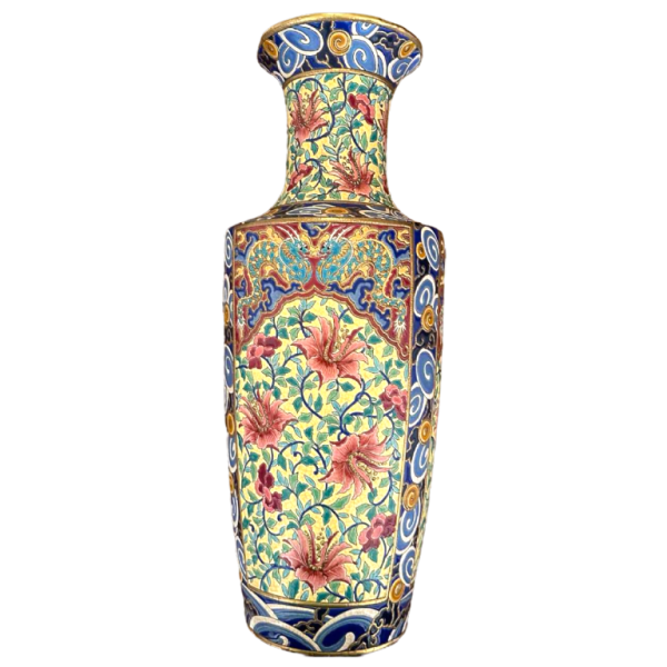 Emaux de Longwy, grote geëmailleerde Art Deco vaas met Japanse florale decor