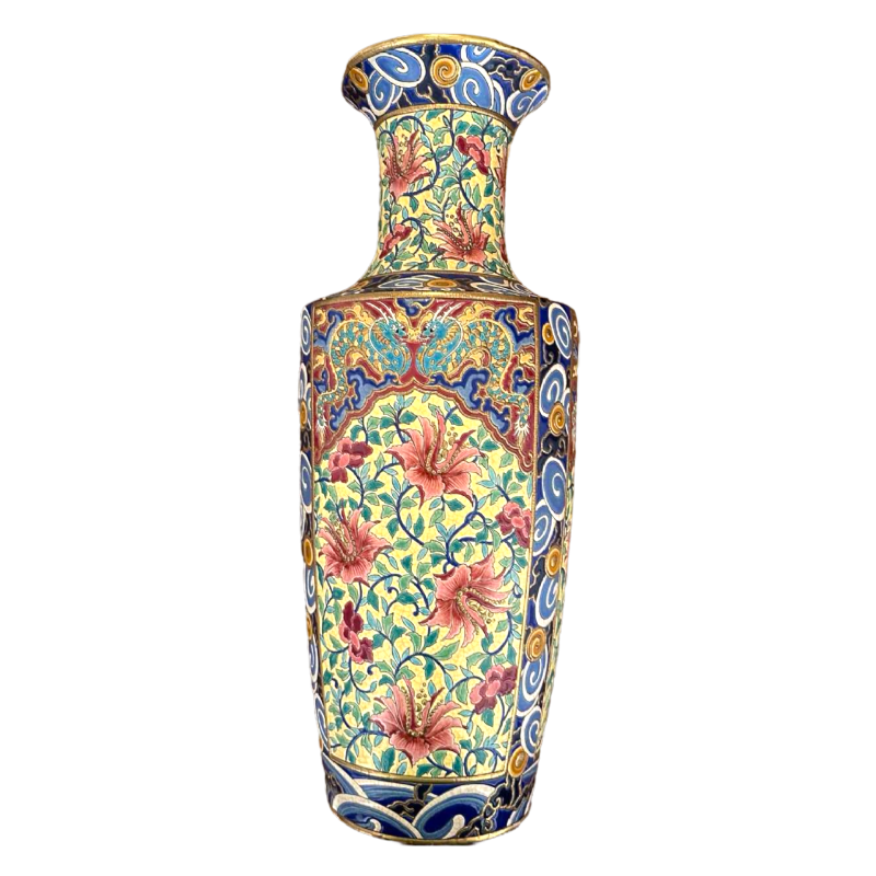 Emaux de Longwy, grand vase Art Déco émaillé cerné, décor floral japonisant