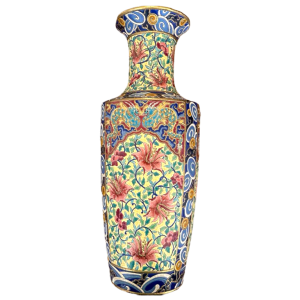 Emaux de Longwy, grote geëmailleerde Art Deco vaas met Japanse florale decor