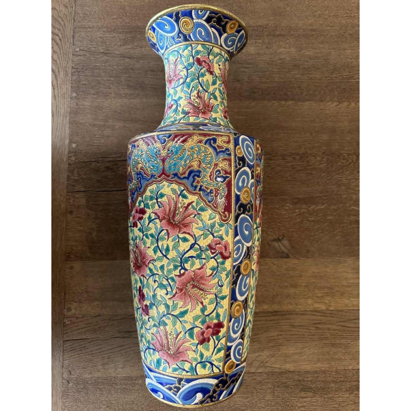 Emaux de Longwy, large enamelled Art Deco vase with Japanese floral decoration