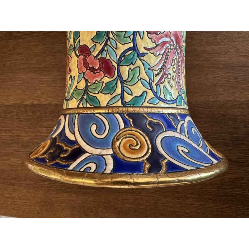 Emaux de Longwy, grote geëmailleerde Art Deco vaas met Japanse florale decor