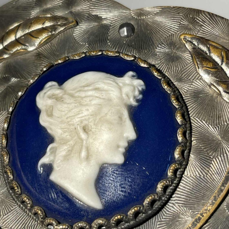 Belt buckle, cameo portrait of a lady in profile, silver-plated brass, enamelled porcelain, 19th c