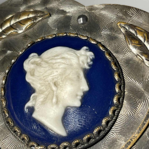 Belt buckle, cameo portrait of a lady in profile, silver-plated brass, enamelled porcelain, 19th c