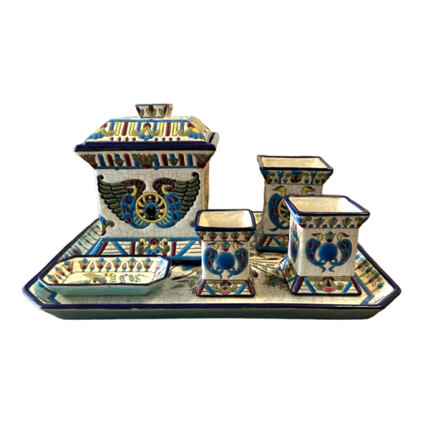 Emaux de Longwy, desk set / smoker, Egyptian décor, cloisonné glazed earthenware, ca 1910