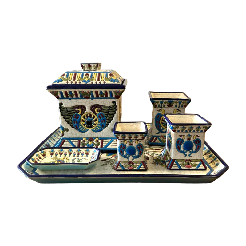 Emaux de Longwy, nécessaire bureau / fumeur décor égyptien, faïence émaillée cernée, ca 1910