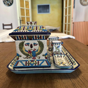 Emaux de Longwy, desk set / smoker, Egyptian décor, cloisonné glazed earthenware, ca 1910