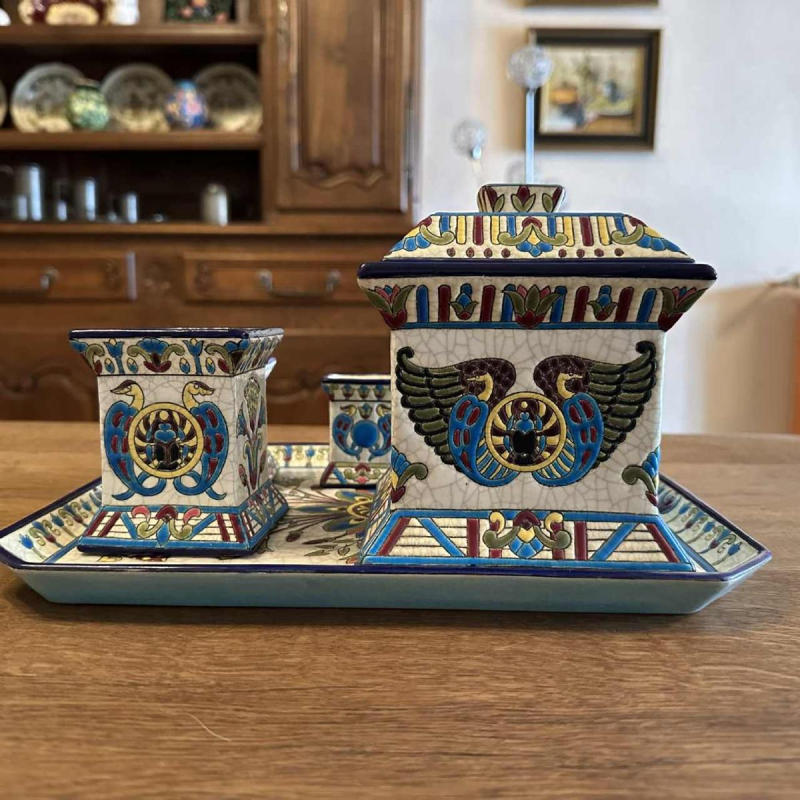 Emaux de Longwy, desk set / smoker, Egyptian décor, cloisonné glazed earthenware, ca 1910
