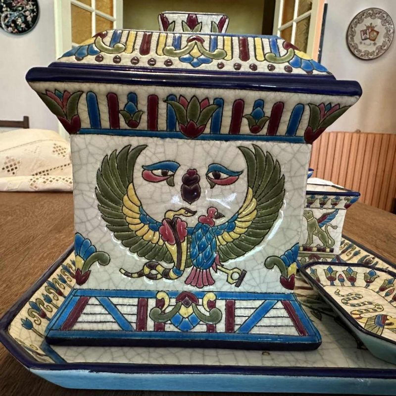 Emaux de Longwy, desk set / smoker, Egyptian décor, cloisonné glazed earthenware, ca 1910