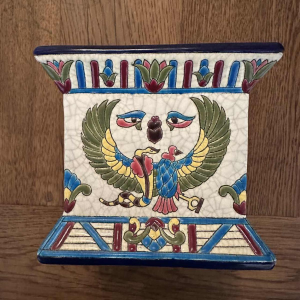 Emaux de Longwy, desk set / smoker, Egyptian décor, cloisonné glazed earthenware, ca 1910