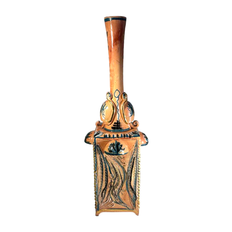 Maîtrise de Nimy, ceramic 4-handle vase (49cm), vegetal design, stretched neck, square-section body, ca 1945