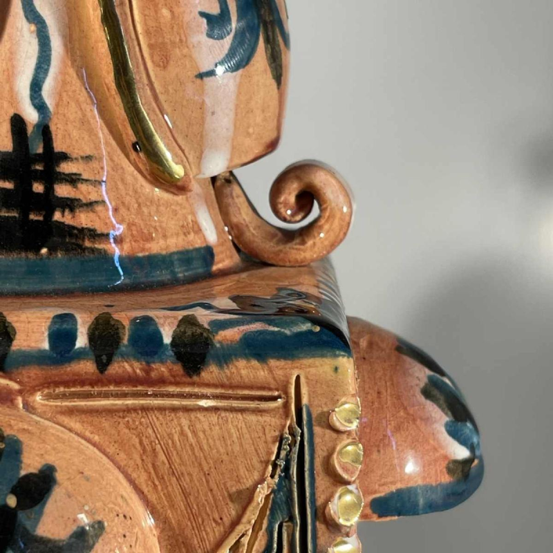 Maîtrise de Nimy, ceramic 4-handle vase (49cm), vegetal design, stretched neck, square-section body, ca 1945