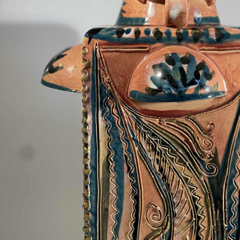 Maîtrise de Nimy, keramiek vaas met 4 handvaten (49cm), vegetale decoratie, gestrekte hals, vierkant lichaam, ca 1945