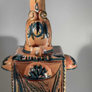 Maîtrise de Nimy, ceramic 4-handle vase (49cm), vegetal design, stretched neck, square-section body, ca 1945