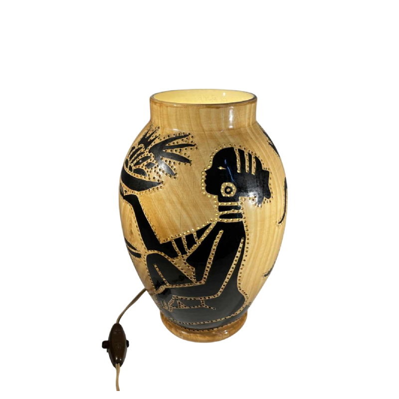 GRANDJEAN JOURDAN pour VALLAURIS, lampe photophore en céramique, décor africaniste, ca 1960