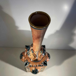 Maîtrise de Nimy, ceramic 4-handle vase (49cm), vegetal design, stretched neck, square-section body, ca 1945