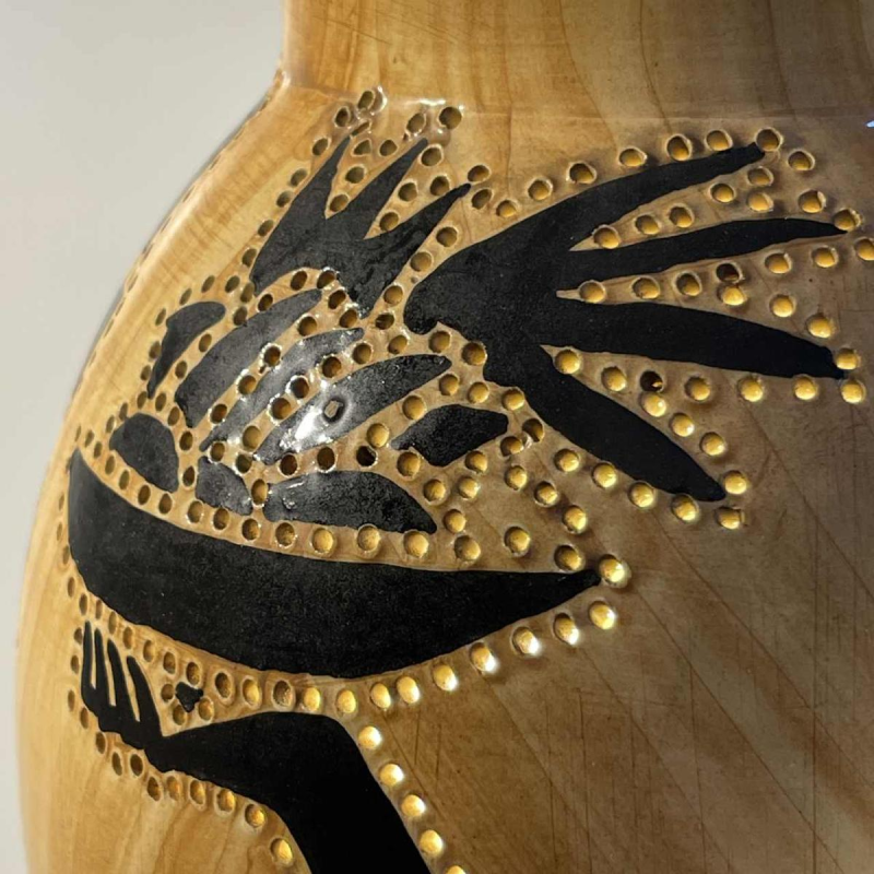 GRANDJEAN JOURDAN pour VALLAURIS, lampe photophore en céramique, décor africaniste, ca 1960